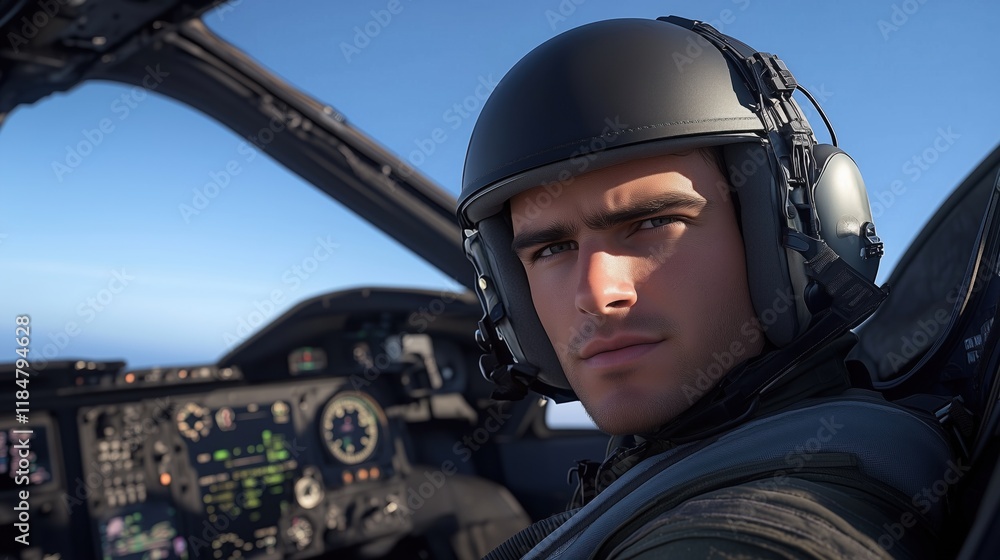 young pilot sitting in an aircraft cockpit is concentrated on flying, surrounded by advanced controls and instruments, with a clear blue sky visible outside young pilot sitting in an aircraft cockpit is concentrated on flying, surrounded by advanced controls and instruments, with a clear blue sky visible outside