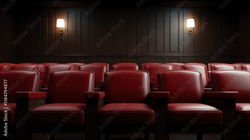Obraz premium Rows of comfortable red theater seats are lined up in a dimly lit space, creating an inviting atmosphere for guests to enjoy films or presentations in comfort