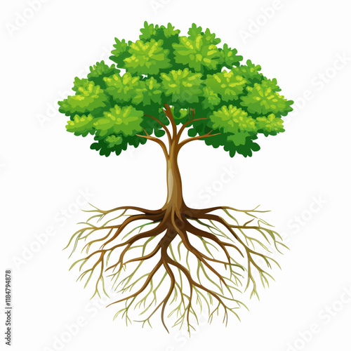 Big green tree with roots underground  white vector illustration (1)