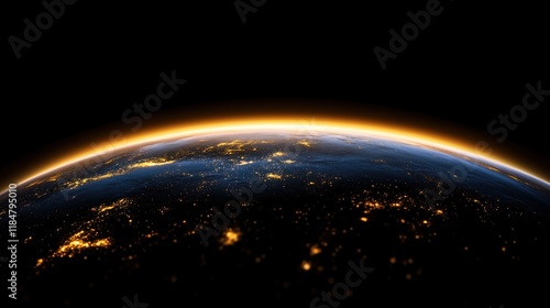Fototapeta Naklejka Na Ścianę i Meble -  view showcases Earth at night with vibrant city lights glowing against the dark backdrop of space. curvature of the planet is visible, highlighting its beauty and complexity
