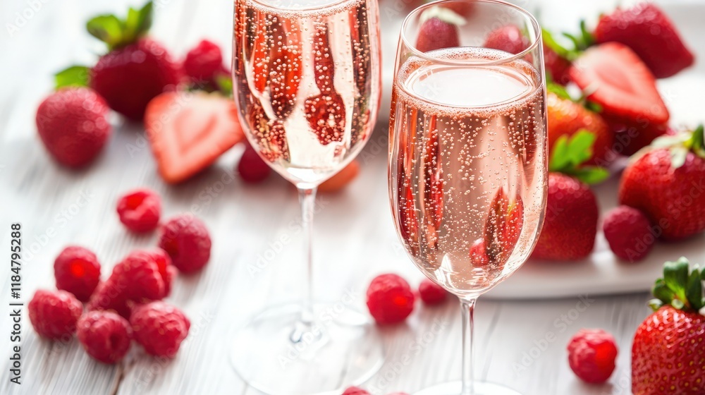 Two glasses of pink champagne, surrounded by fresh raspberries on a white table, copy space Two glasses of pink champagne, surrounded by fresh raspberries on a white table, copy space