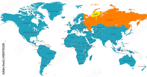 World Map Highlighting Country of Russia With Geographic Details