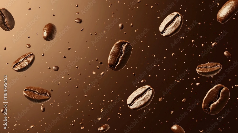 Obraz premium Roasted coffee beans falling on brown background.