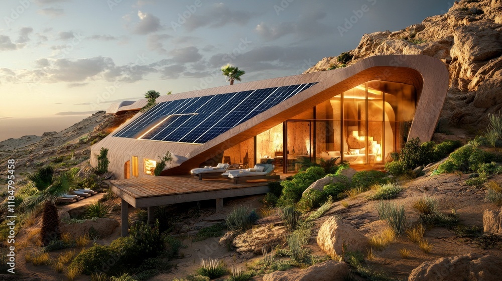 Obraz premium Desert cliffside home; solar panels, deck, plants.