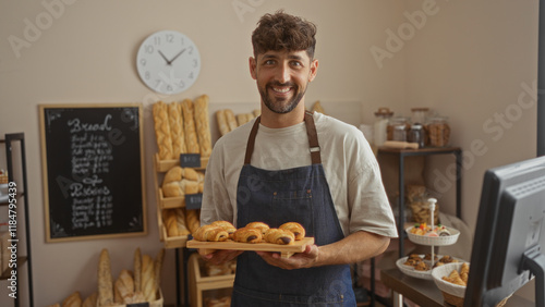 Cuadro en lienzo Young man smiling in an indoor bakery while holding fresh pastries in front of b