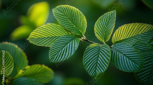 Close-up of vibrant green leaves on a branch, illuminated by sunlight.