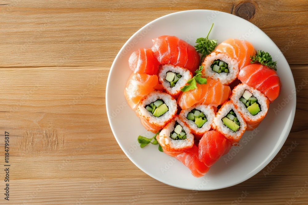 Heart shaped sushi rolls displayed on a wooden table with ample copy space for creative use Heart shaped sushi rolls displayed on a wooden table with ample copy space for creative use