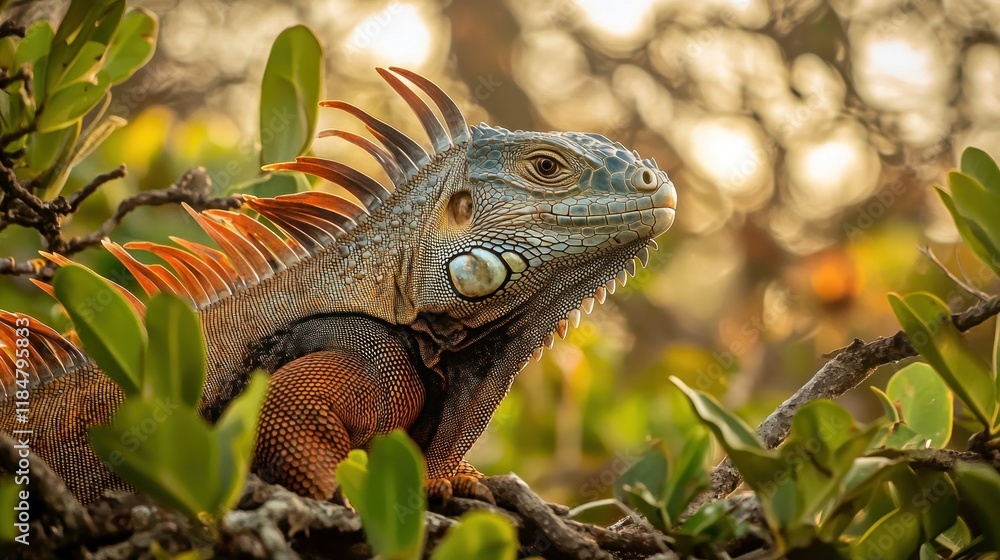 Obraz premium Green Iguana basking in the sun's warmth