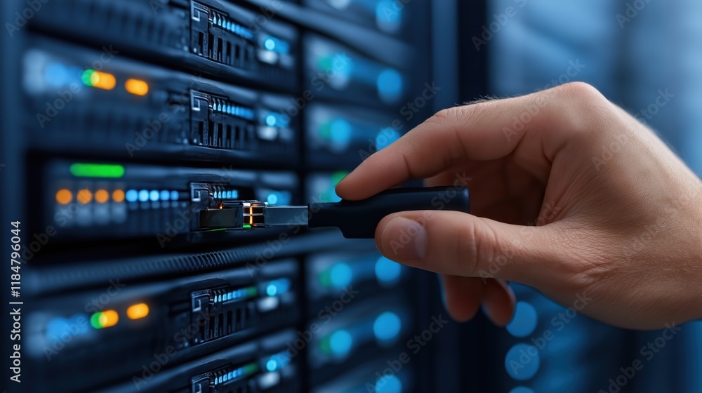 Fototapeta premium hand reaches to connect a fiber optic cable to a server rack in a data center filled with illuminated equipment. atmosphere is technical and operational, showcasing connectivity
