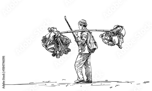 Seller of household goods in Nepal, Walking man carries household items on a bamboo pole slung over his shoulder, Moving shop in remote areas of the Himalayas, Hand drawn illustration, Vector sketch