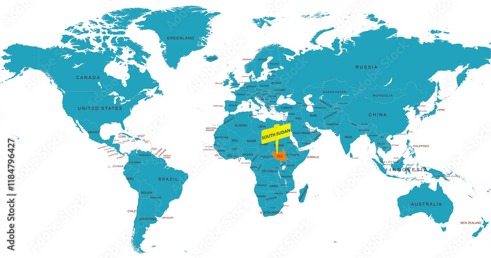 Fototapeta premium World Map Highlighting Country of South Sudan With Geographic Details