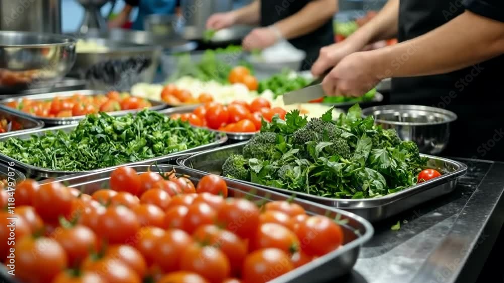 Fresh vegetables being prepared for a large meal in a commercial kitchen setting Fresh vegetables being prepared for a large meal in a commercial kitchen setting