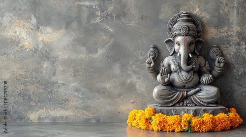 Hindu god Ganesha sculpture on grey background with copy space. Decorated for religious festival by orange flowers necklace and ceremonial offering. Travel background, Bali island art and culture.