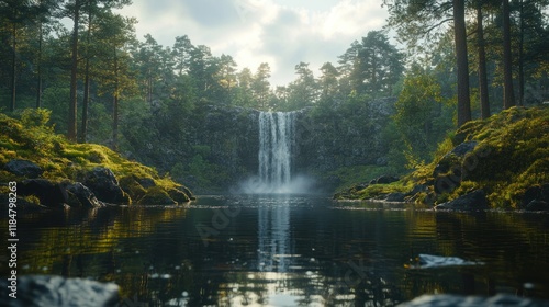 Serene waterfall cascading into tranquil forest pool.