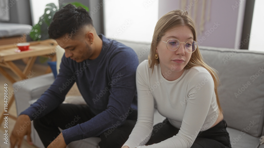 Couple sitting apart on a sofa at home shows tension in their relationship, with a woman in glasses and a man in deep thought, surrounded by a cozy indoor setting. Couple sitting apart on a sofa at home shows tension in their relationship, with a woman in glasses and a man in deep thought, surrounded by a cozy indoor setting.