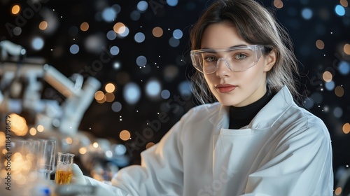 young scientist in a white lab coat and protective goggles is focused on her experiments amid a dazzling display of illuminated glassware and colorful bokeh effects in the evening