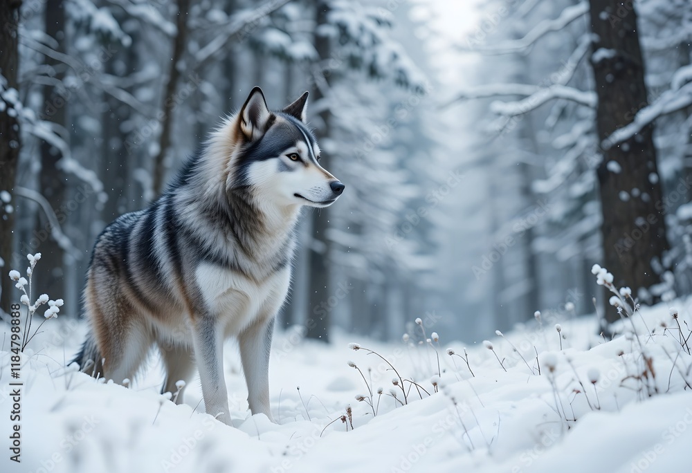 Siberian Husky facing a wolf in a snowy forest