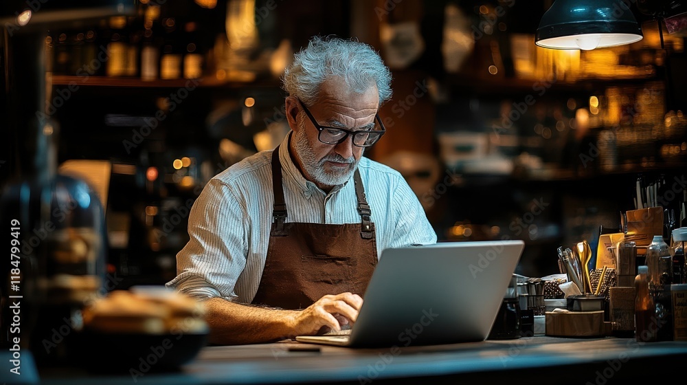 Focused senior man working on laptop in cozy evening ambience intimate workspace modern concept Focused senior man working on laptop in cozy evening ambience intimate workspace modern concept