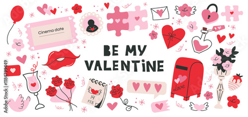 Cartoon stickers for St. Valentine's Day in retro 90s style. February 14th romantic elements, hearts, boquets, love, gifts, flowers. Vector handraw Love and Romantic Symbols shapes lovely set.