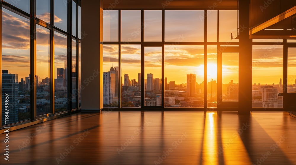 Fototapeta premium A Room With Large Windows Overlooking a City Skyline at Sunset - Generative AI