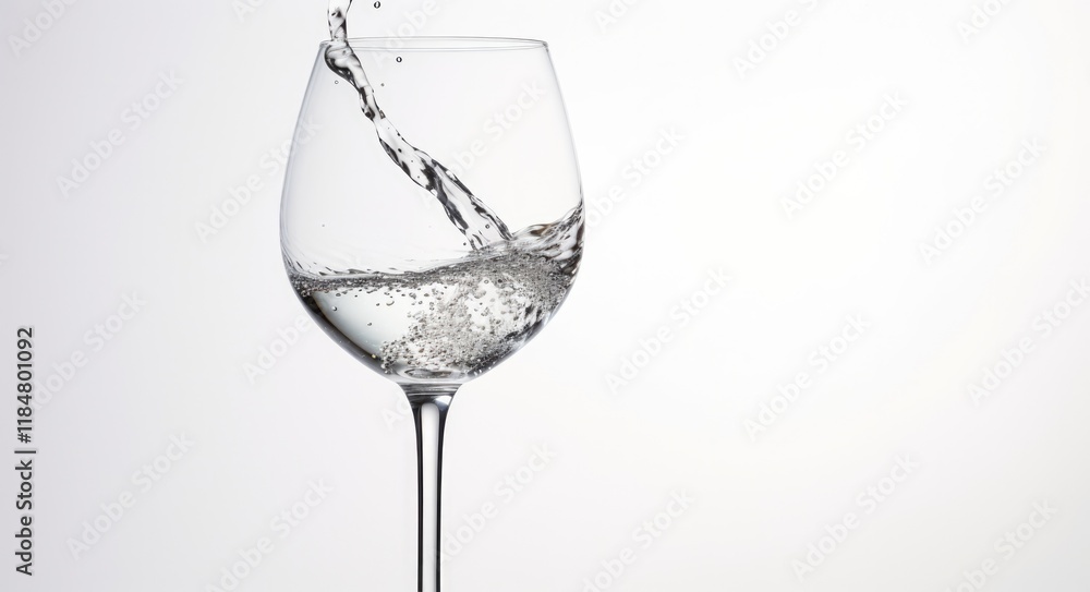 Clear Studio Shot of Water Pouring into Wine Glass with Copy Space. Plain White Background Enhances Feeling of Wine Tasting