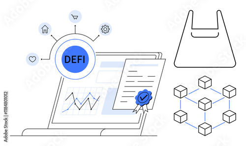 Laptop with DEFI text, connected icons home, chart, heart, setting, certificate with seal, shopping bag, blockchain network. Ideal for finance technology digital security e-commerce blockchain