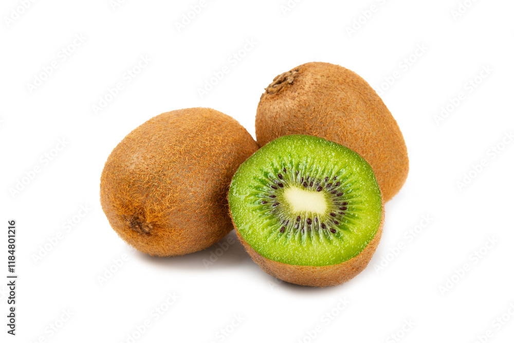 Kiwi isolated on white background. Whole fruit and slices pieces of kiwi on white background. fresh ripe juicy kiwi. Tropical fruit. Organic fruit.