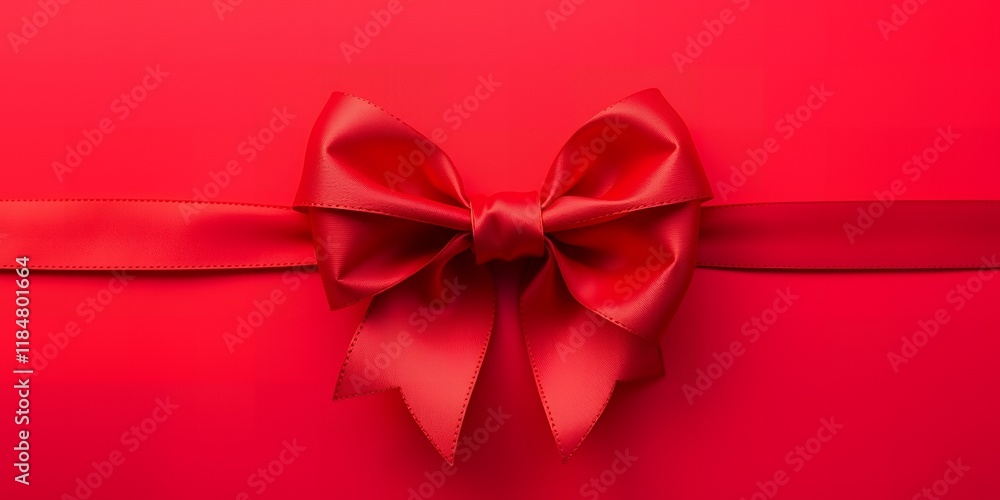 Elegant Red Satin Ribbon Bow on Red Background Festive Gift Wrap Design Elegant Red Satin Ribbon Bow on Red Background Festive Gift Wrap Design
