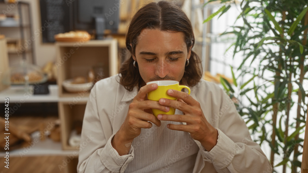 Young man with long hair enjoying coffee in a bakery, with an indoor setting featuring shelves of baked goods and plants nearby Young man with long hair enjoying coffee in a bakery, with an indoor setting featuring shelves of baked goods and plants nearby