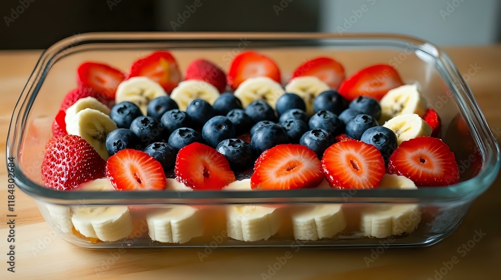 A glass serving dish featuring halved strawberries, blueberries and banana slices arranged in a neat pattern