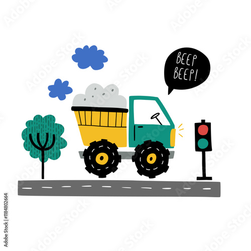 Beep. Cute cartoon baby boy poster with cars Truck in cartoon style. Vector print with cute cars for fabric, textile, postcard, apparel or kids room design.