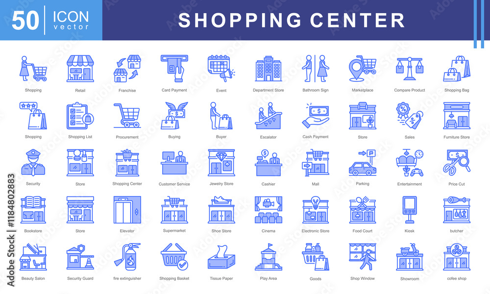 Shopping Center icon collection set. Containing destination, retail park, cashier, basket, buyer, strip mall, shelf icon Shopping Center icon collection set. Containing destination, retail park, cashier, basket, buyer, strip mall, shelf icon
