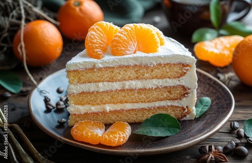 Slice of Cake with Mandarin Oranges and Coffee Cup
