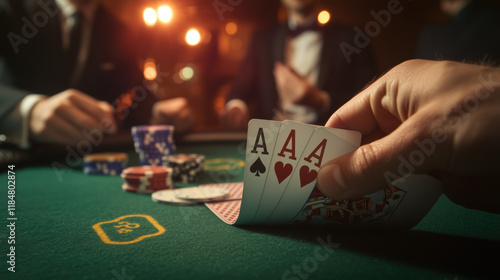 Wallpaper Mural A fun casino royale night party with friends in las vegas, gambling, cards, dices, a pile of red green chips, poker game. A thrilling night of blackjack with players with a deck of cards Torontodigital.ca