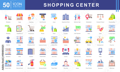 Shopping Center icon collection set. Containing destination, retail park, cashier, basket, buyer, strip mall, shelf icon