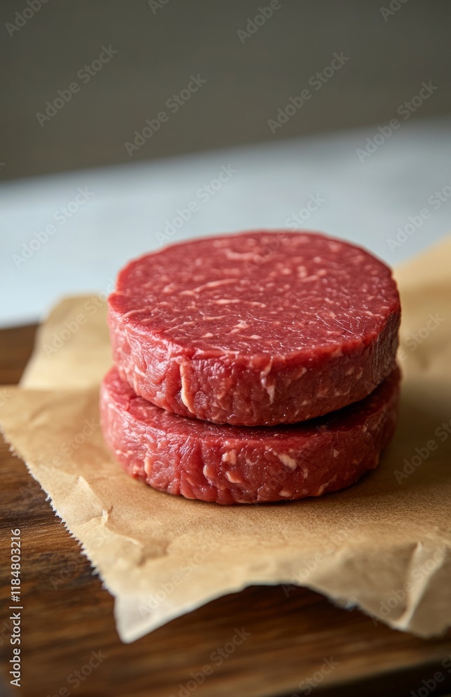 Two raw beef patties on brown paper for grilling Two raw beef patties on brown paper for grilling