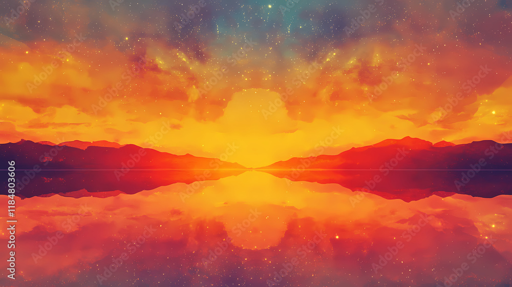 Obraz premium Vibrant sunset sky with precise symmetric divide between warm golden day and dark starry night, symbolizing equinox balance. Dewlight. Illustration