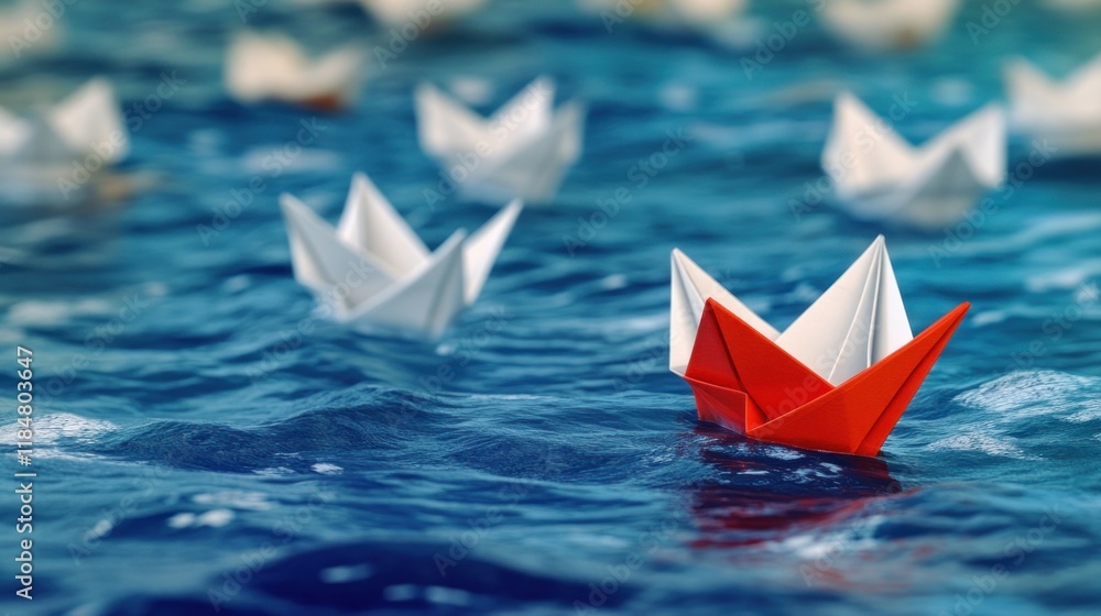 Red origami boat leads white fleet on blue water. Red origami boat leads white fleet on blue water.