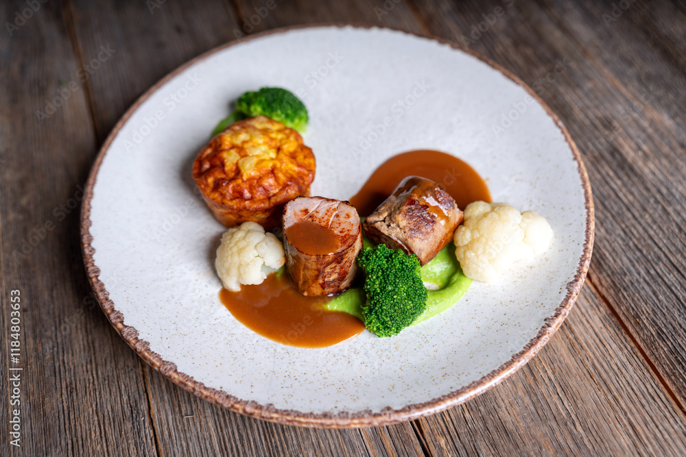 Pork Tenderloin with Broccoli, Cauliflower, Potato Soufflé, Pea Purée, and Demi-Glace Sauce on a Plate Pork Tenderloin with Broccoli, Cauliflower, Potato Soufflé, Pea Purée, and Demi-Glace Sauce on a Plate
