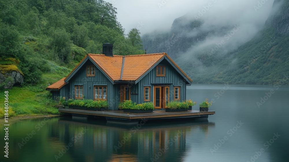 Secluded lake house nestled in misty mountains. Secluded lake house nestled in misty mountains.