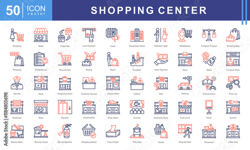 Shopping Center icon collection set. Containing destination, retail park, cashier, basket, buyer, strip mall, shelf icon