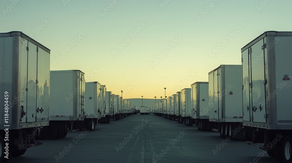 Obraz premium Rows of white semi-trucks parked in a lot at sunset.