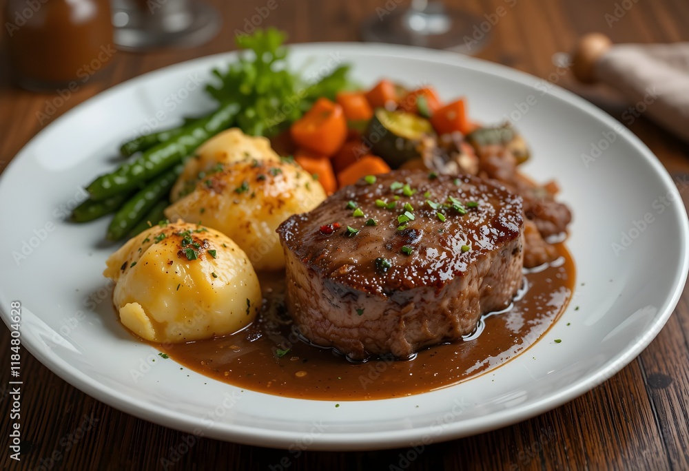 Filet mignon in pepper sauce with duchesse potatoes and grilled vegetables Filet mignon in pepper sauce with duchesse potatoes and grilled vegetables