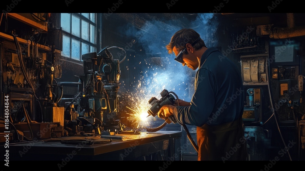 Fototapeta premium Craftsman welding metal in a dark workshop.