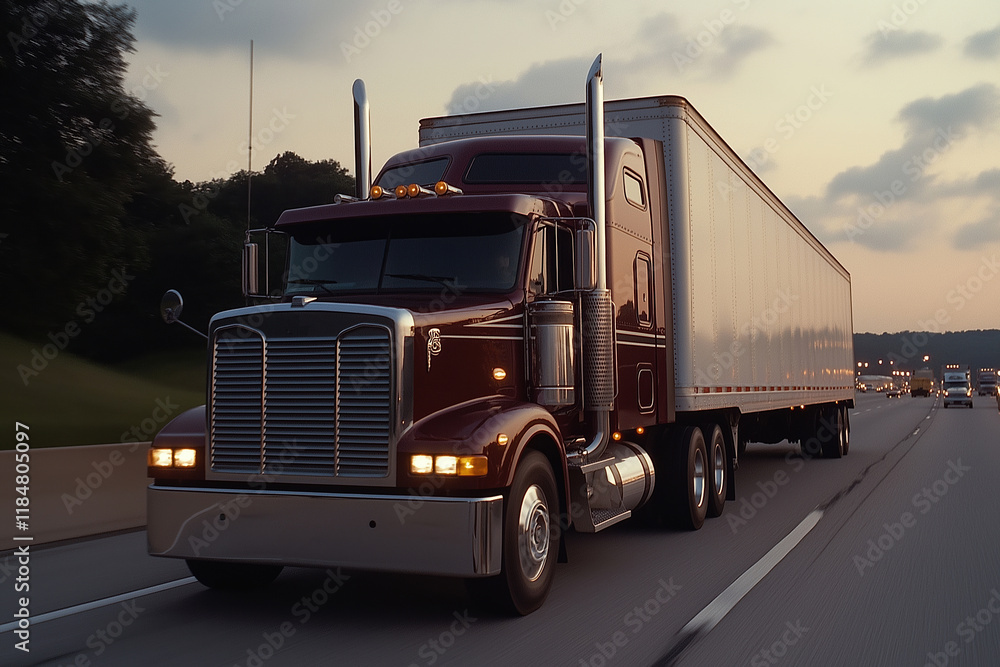 Red truck driving on a busy highway during sunset with clear skies Red truck driving on a busy highway during sunset with clear skies