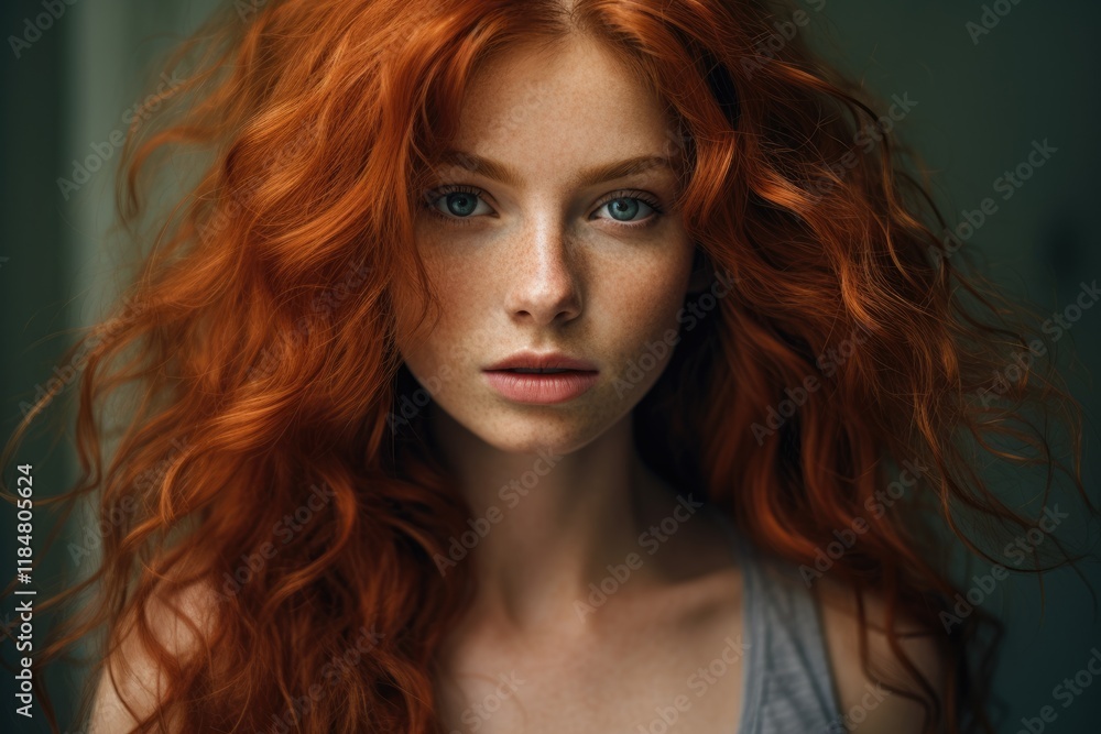 Fototapeta premium Confidently Beautiful Red Head Woman with Curly Hair in an Urban Setting on a Calm Summer Day