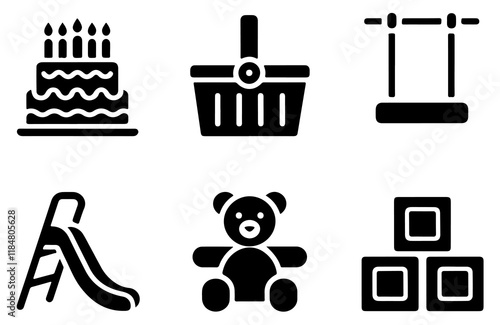 Birthday cake, shopping basket, playground swing, children's slide, teddy bear, building blocks, black and white icons, simple graphic design, childhood symbols, playful elements,