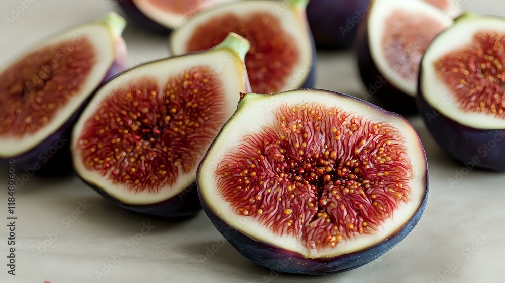 Closeup of ripe figs sliced in half, with their dark purple skin and vibrant red interiors, on a neutral background Closeup of ripe figs sliced in half, with their dark purple skin and vibrant red interiors, on a neutral background