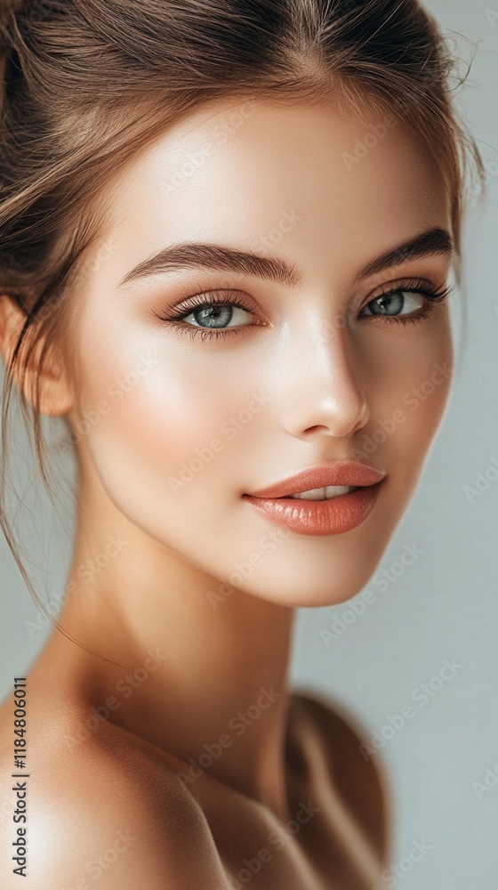 Obraz premium Close-up beauty portrait showcasing flawless natural makeup with emphasis on glowing skin, perfectly groomed eyebrows, coral lips, and striking blue eyes against soft beige background.