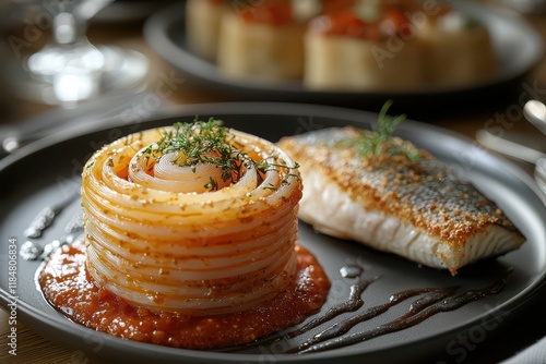 Gourmet salmon and spaghetti nest dish with tomato sauce and fresh herbs photo